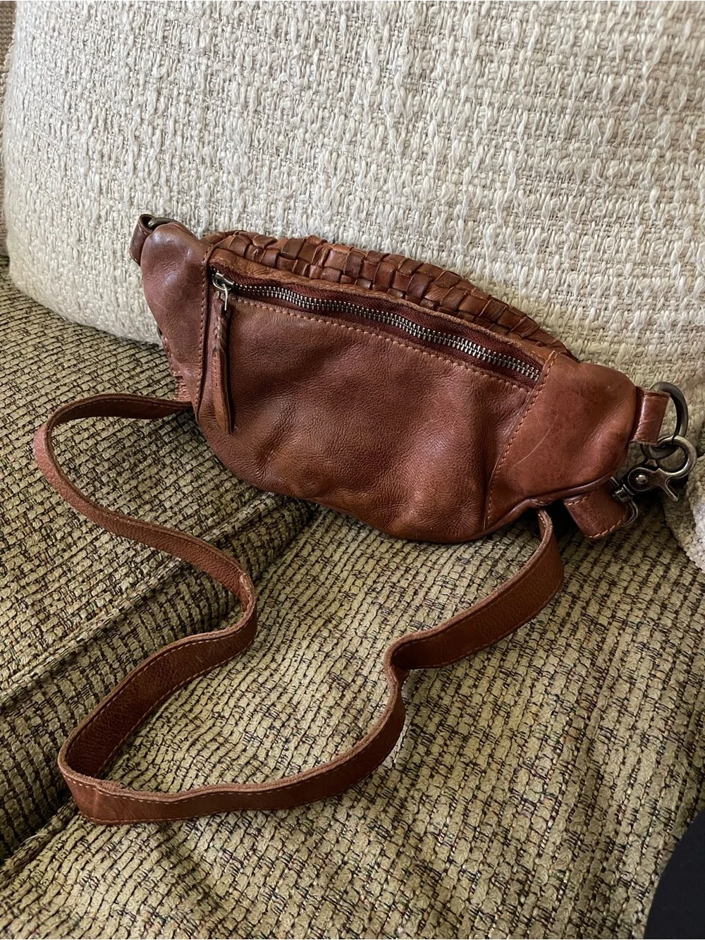 Cut N Paste Woven Leather Crossbody/Waist Bag/Fanny Pack in Cognac Brown
